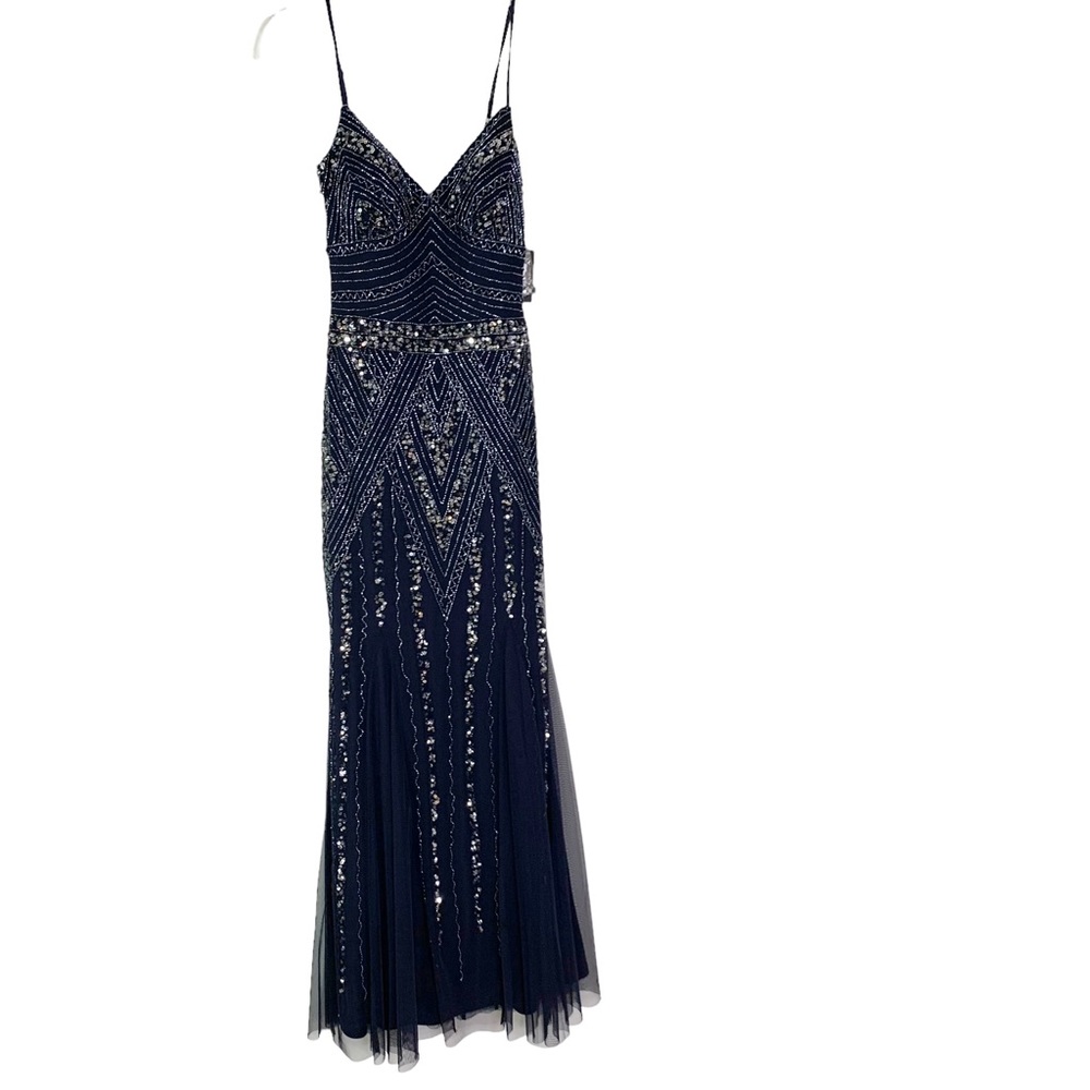 MARINA Deco Beaded Mesh A Line Gown with Godet Skirt Navy Size 2 NWT - Picture 4 of 12
